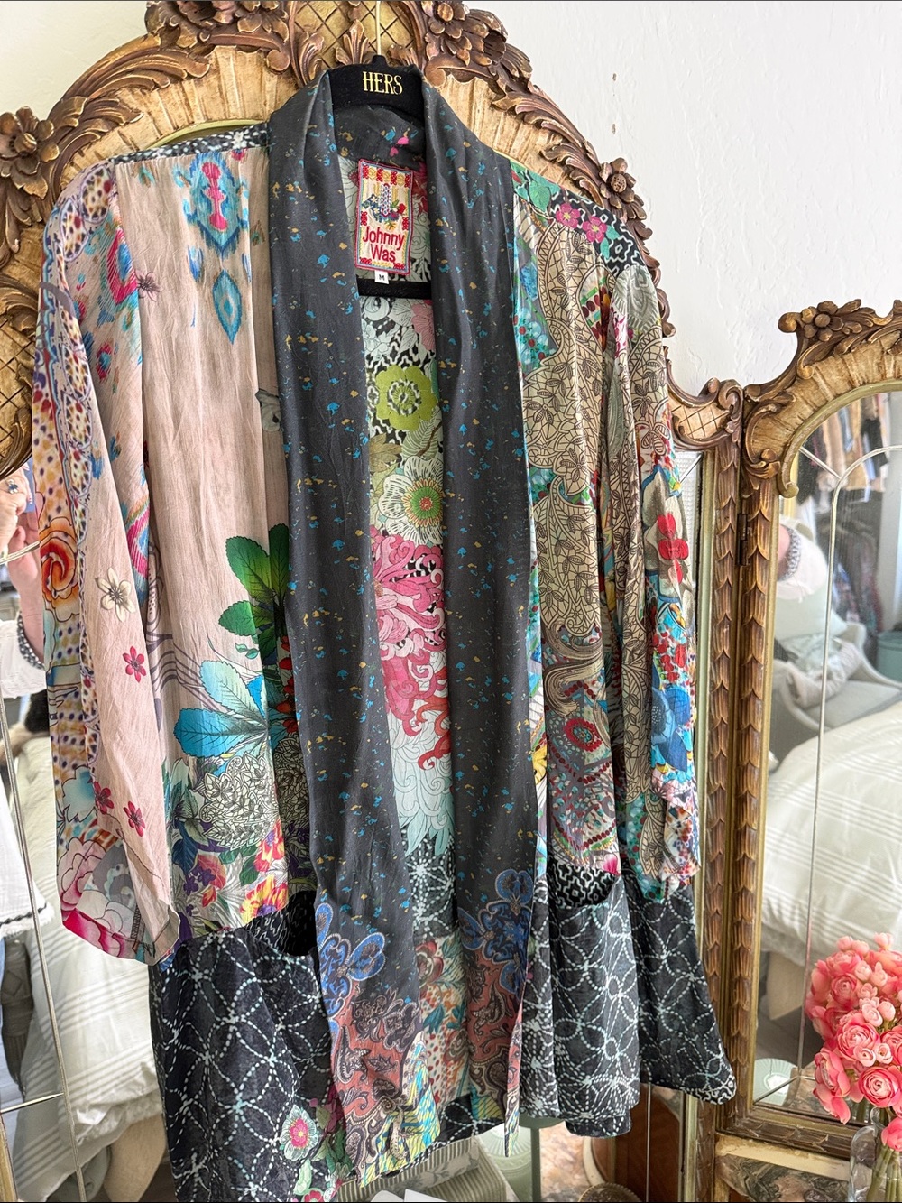 Johnny Was gray and multicolor floral patchwork duster